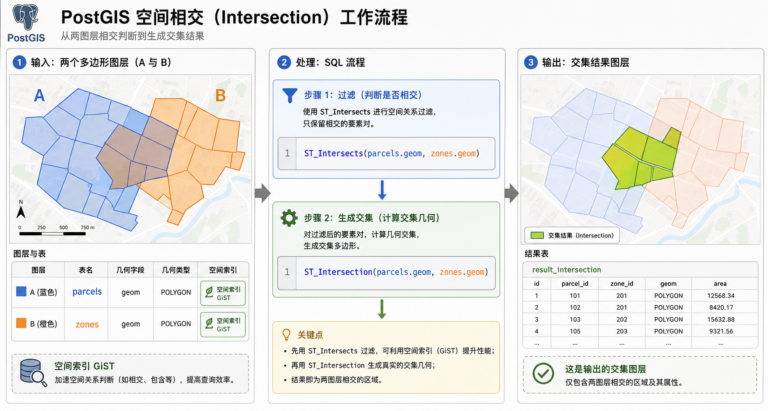 PostGIS求交集 ST_Intersection 空间分析函数示意图