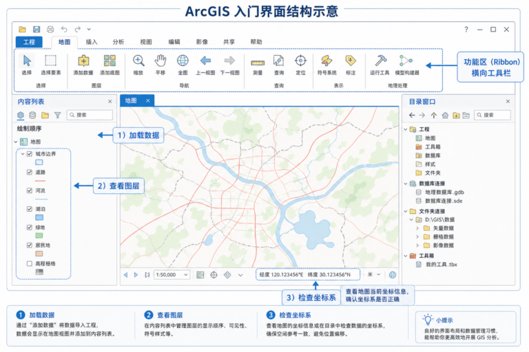 ArcGIS入门教程二 界面怎么看 数据如何加载示意图