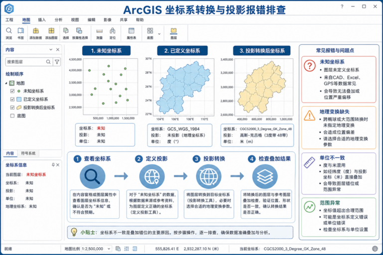 ArcGIS坐标系转换和ArcGIS投影报错排查流程图