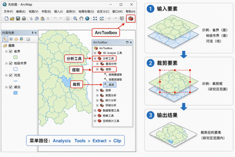 ArcGIS入门教程 工具箱在哪 裁剪分析怎么做