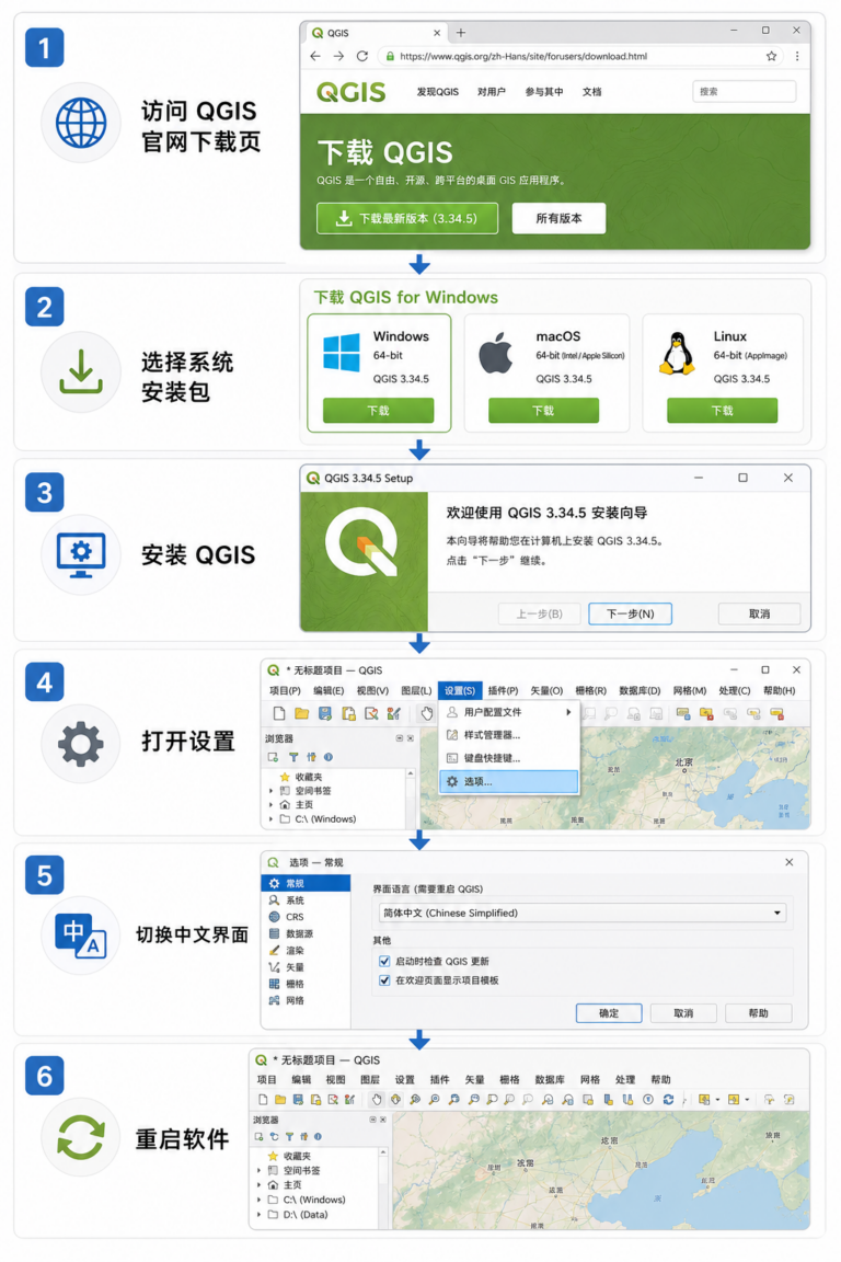 QGIS入门教程 QGIS中文界面设置软件下载流程