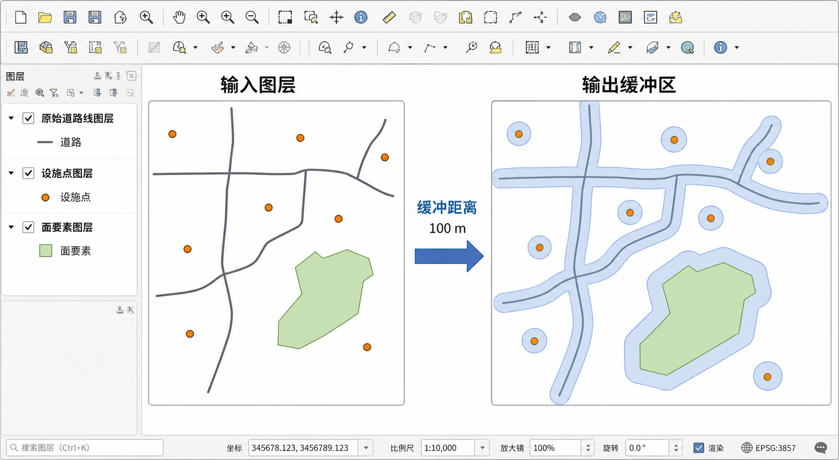 QGIS入门教程七 空间分析怎么做 QGIS缓冲区如何生成示意图