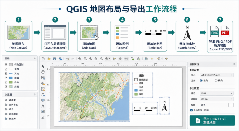 QGIS成果导出与QGIS高清地图保存流程示意图