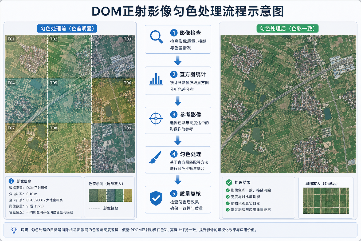 DOM正射影像色差大 匀色处理流程示意图