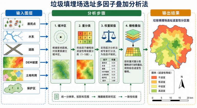 垃圾填埋场选址多因子叠加分析法流程图