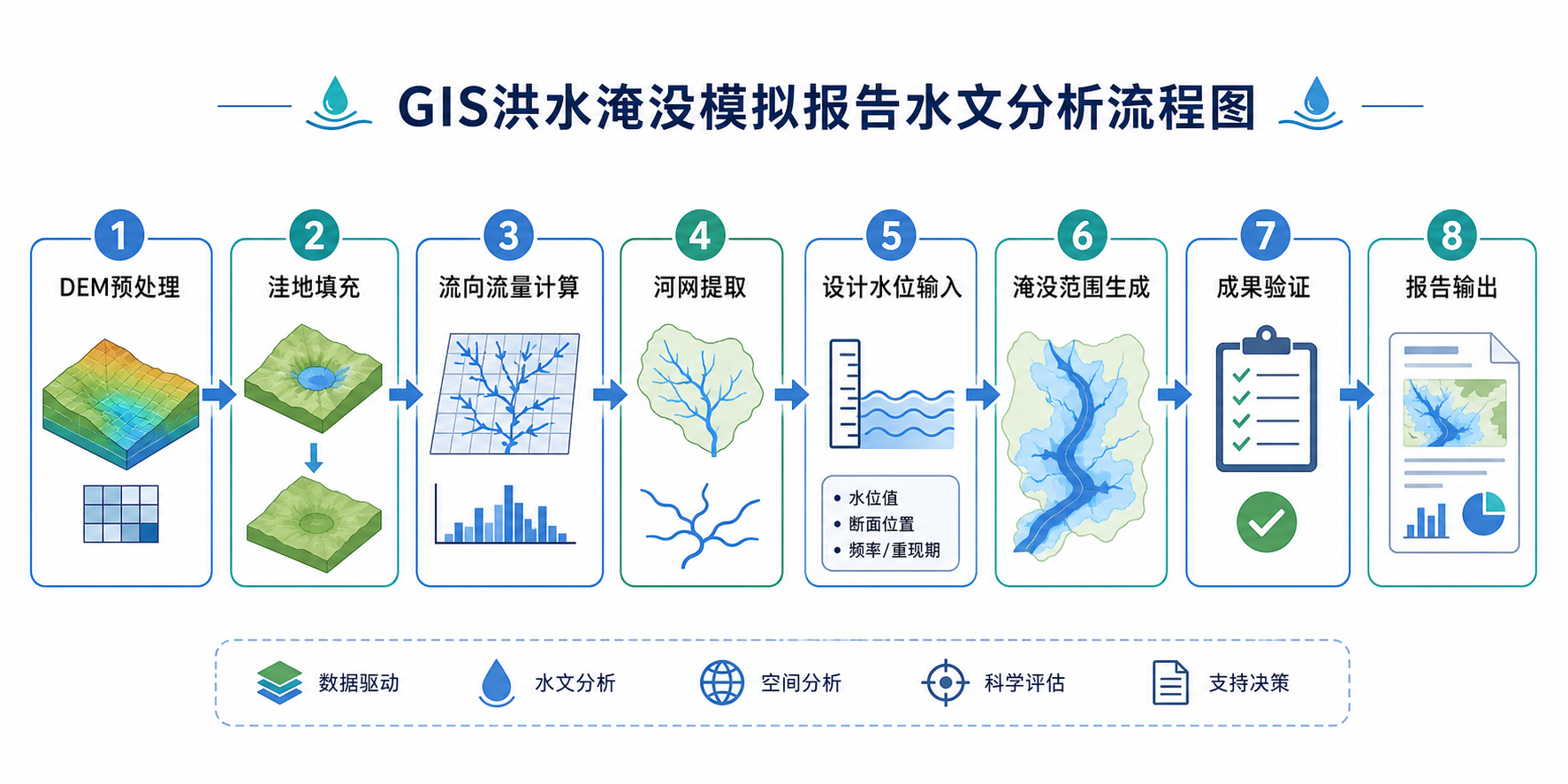 GIS洪水淹没模拟报告 水文分析步骤流程图