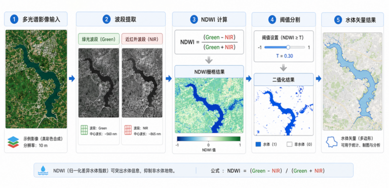 NDWI水体指数公式和NDWI阈值设定流程示意图