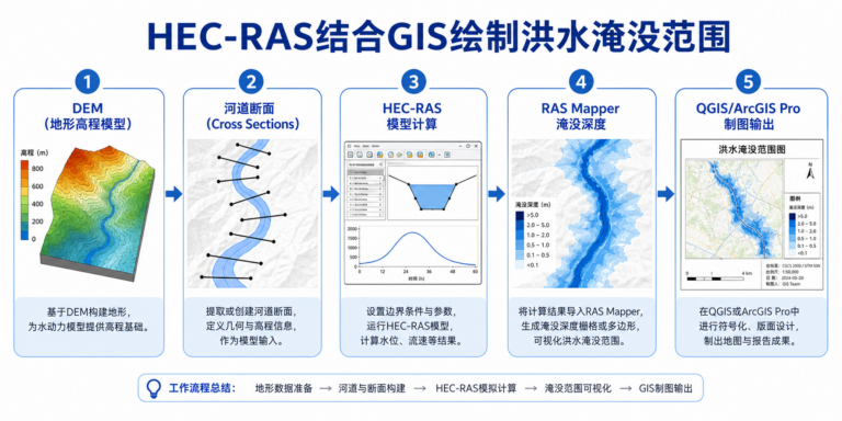 HEC-RAS结合GIS绘制洪水淹没范围流程图，包含HEC-RAS洪水淹没范围制图步骤