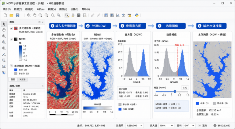 NDWI提取水体阈值多少与NDWI最佳阈值确定流程示意图