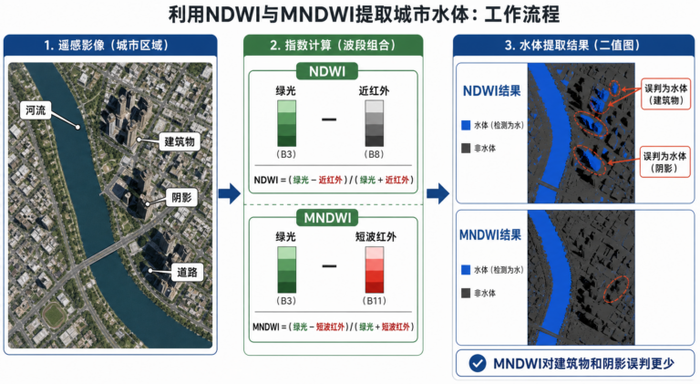 NDWI和MNDWI区别 城市水体提取对比示意图