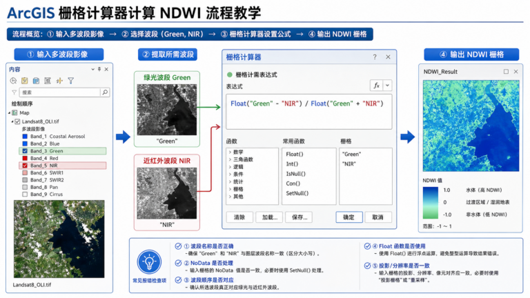 ArcGIS算NDWI公式报错 栅格计算器NDWI公式检查流程