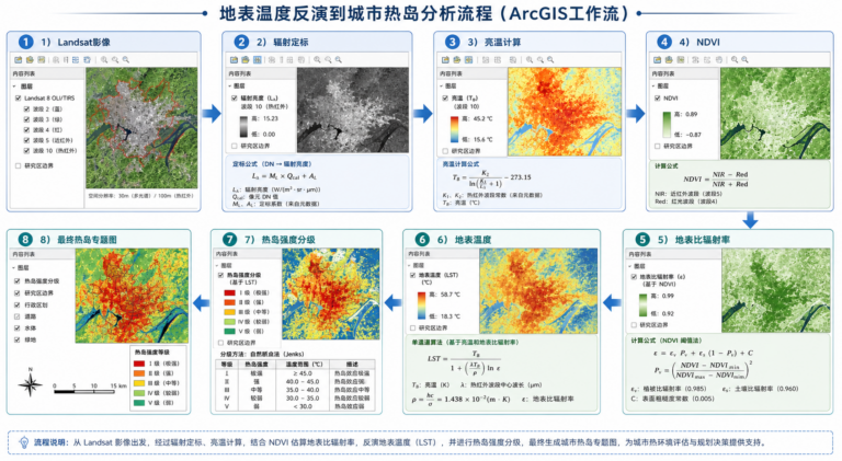 ArcGIS热岛分析与地表温度反演流程图