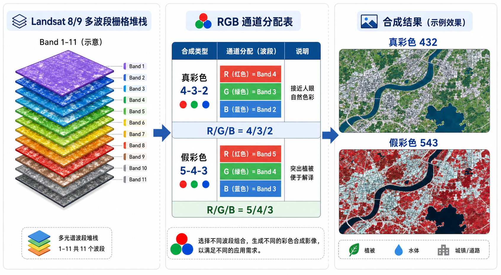Landsat波段怎么组合 Landsat真假彩色合成示意图