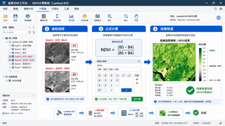 Landsat计算NDVI公式与Landsat 8 NDVI计算波段示意图