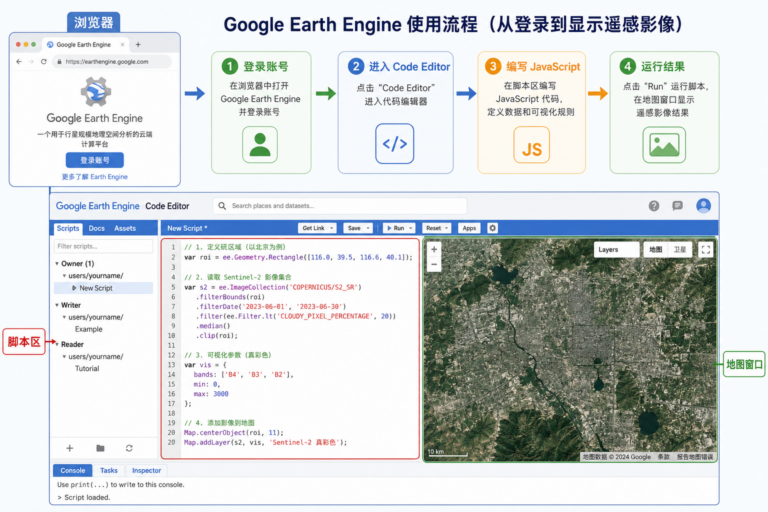 GEE代码编辑器在哪 JavaScript怎么写 工作流程示意图