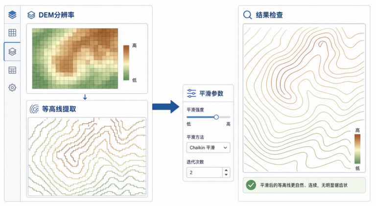 等高线锯齿严重与等高线平滑处理前后对比