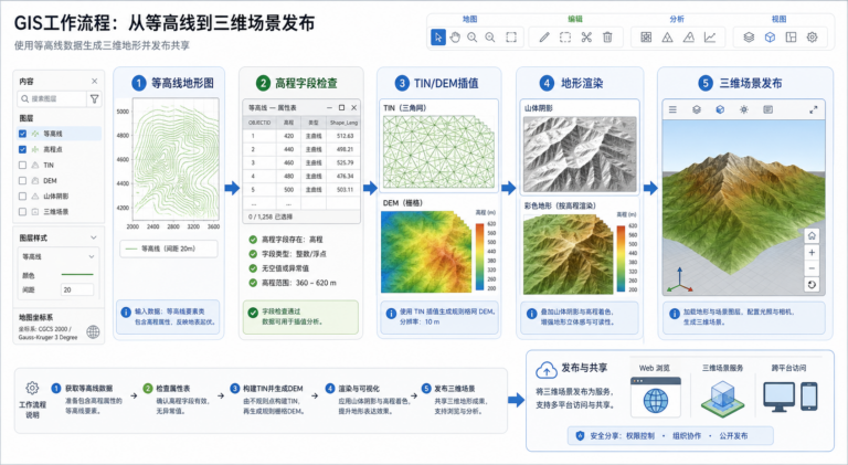 等高线地形图转三维和等高线生成DEM流程示意图