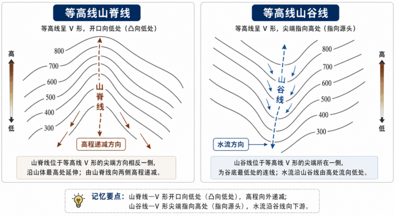 山脊线在地图怎么看 山脊线凸向低处示意图