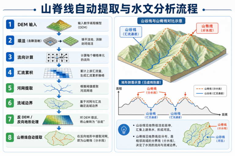 山脊线如何自动提取与水文分析流程示意图