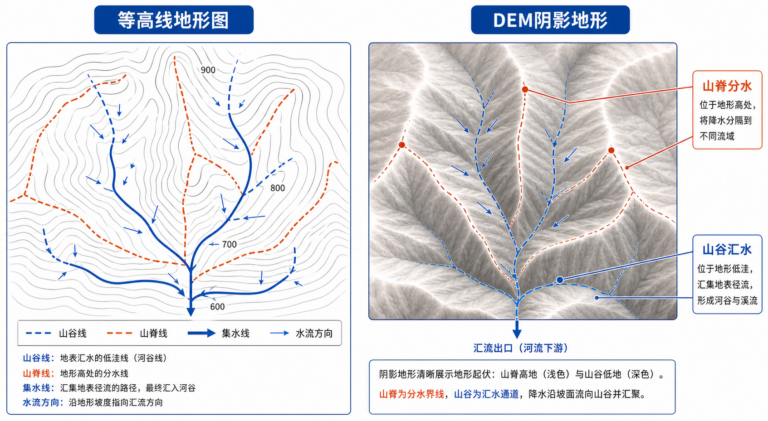 山谷线与山脊线判断示意图，集水线怎么判断