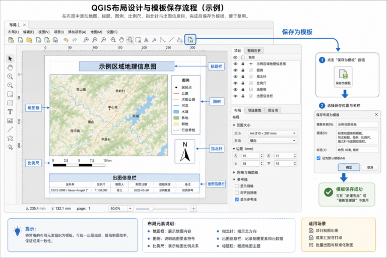 QGIS打印布局设计与QGIS图框模板保存流程示意图