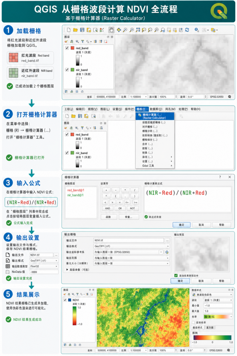 QGIS栅格计算器计算NDVI公式步骤示意图