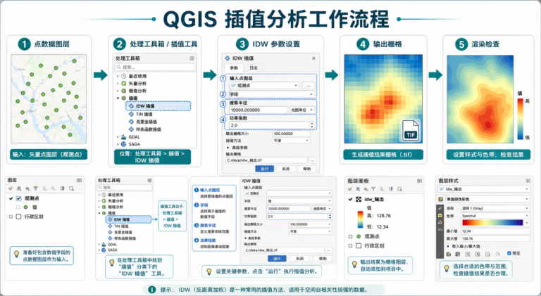 QGIS插值分析具体在哪 IDW参数怎么设 工作流程图