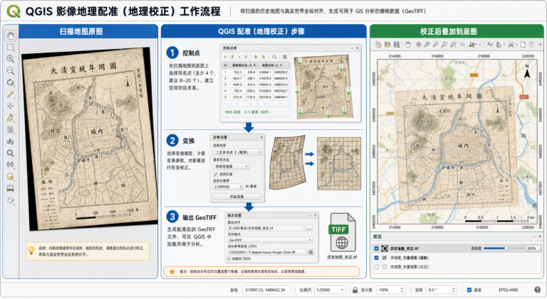 QGIS地理配准 扫描图校正流程示意图