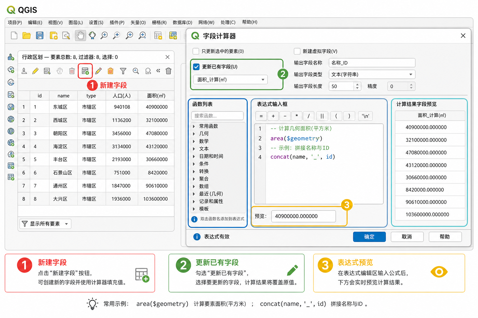 QGIS字段计算器怎么用 QGIS字段计算器常用函数示意图