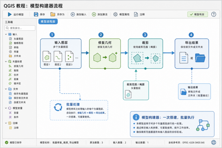 QGIS模型构建器怎么用 QGIS模型构建器批量处理流程示意图