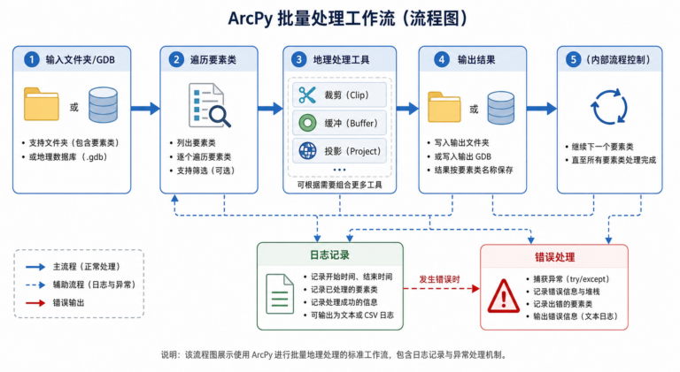 ArcPy批量处理代码模板和ArcPy批量处理流程图