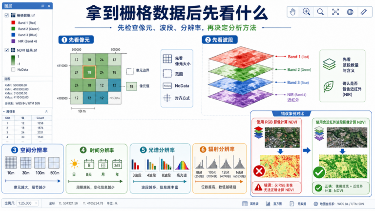 栅格数据 像元 波段 分辨率检查流程示意图