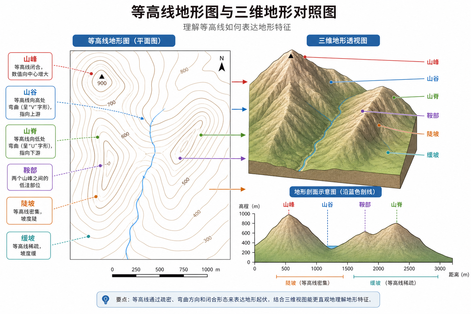 等高线地形图怎么看与等高线判读口诀示意图