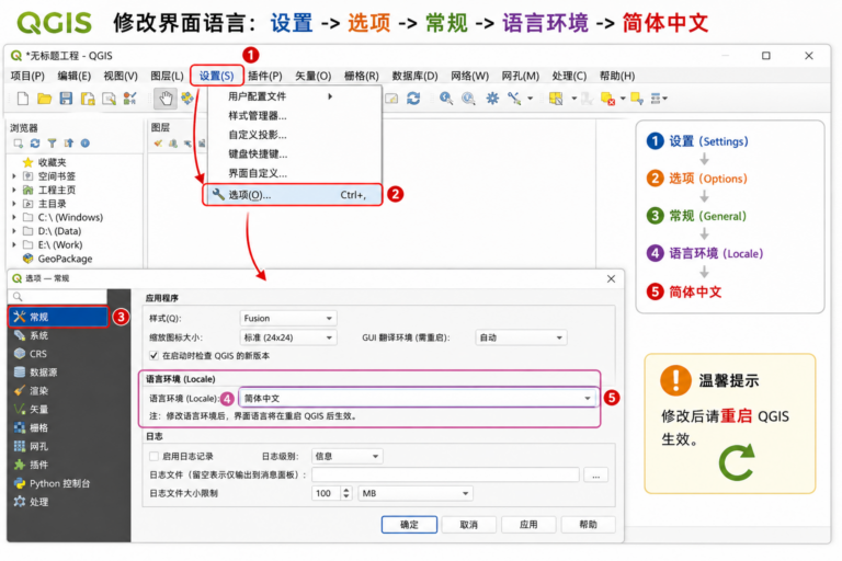 QGIS界面怎么设中文 QGIS语言选项在哪里