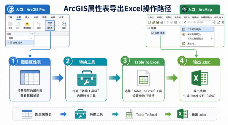 ArcGIS属性表导Excel和ArcGIS转换工具位置示意图