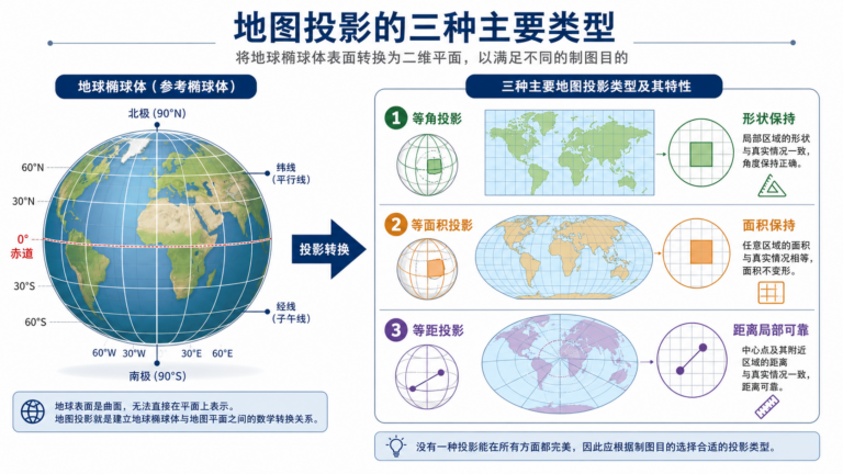 地图投影选择与常用地图投影类型示意图