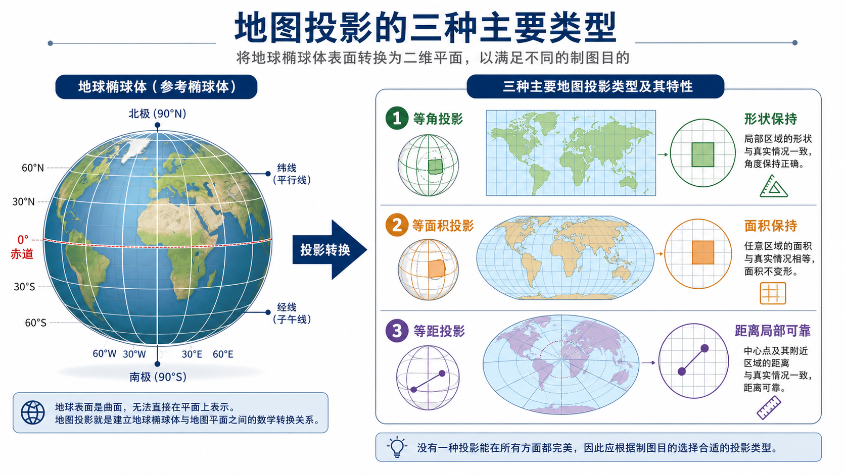 地图投影选择与常用地图投影类型示意图