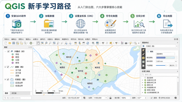 QGIS新手教程在哪看 QGIS入门学习路径示意图