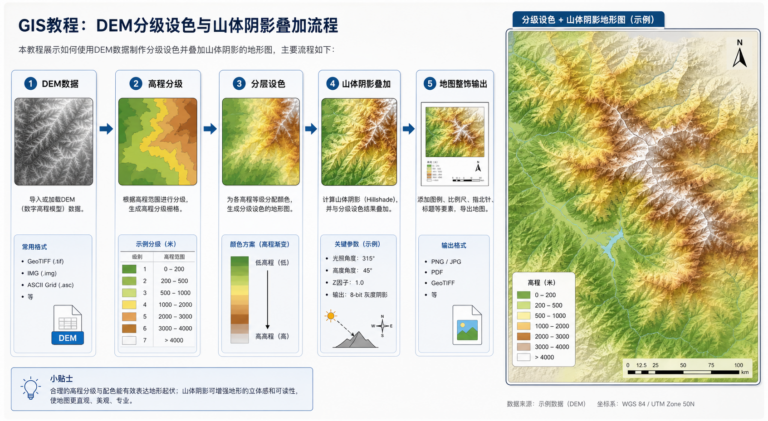 分层设色地形图制作流程与颜色带配置示意