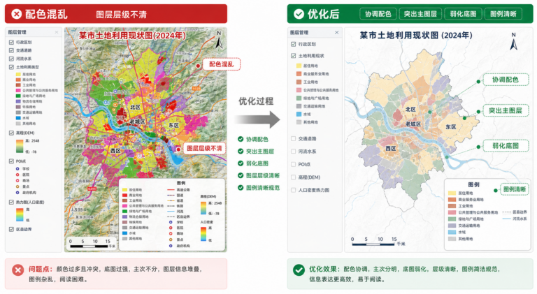 GIS制图更美观与GIS制图配色技巧对比示意图