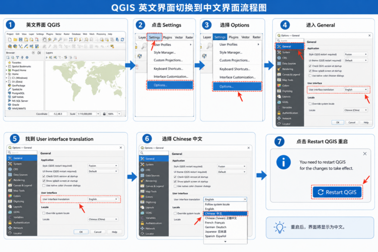 QGIS界面变英文了中文设置在哪里 QGIS设置中文界面
