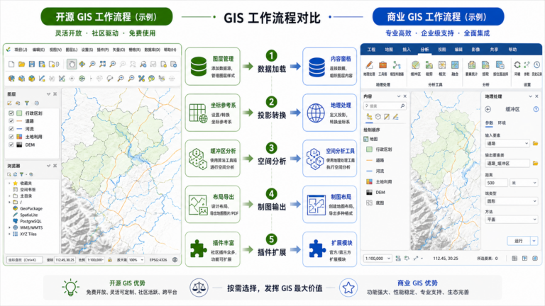QGIS软件好不好用 QGIS与ArcGIS对比工作流示意图