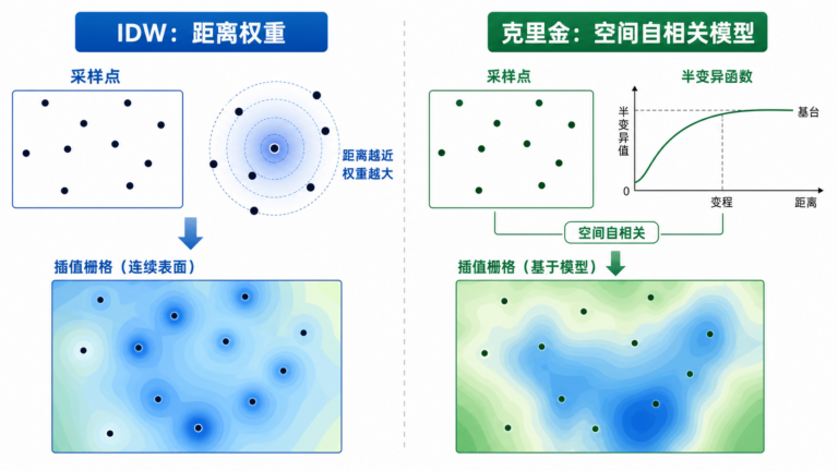 空间插值 IDW与克里金区别示意图