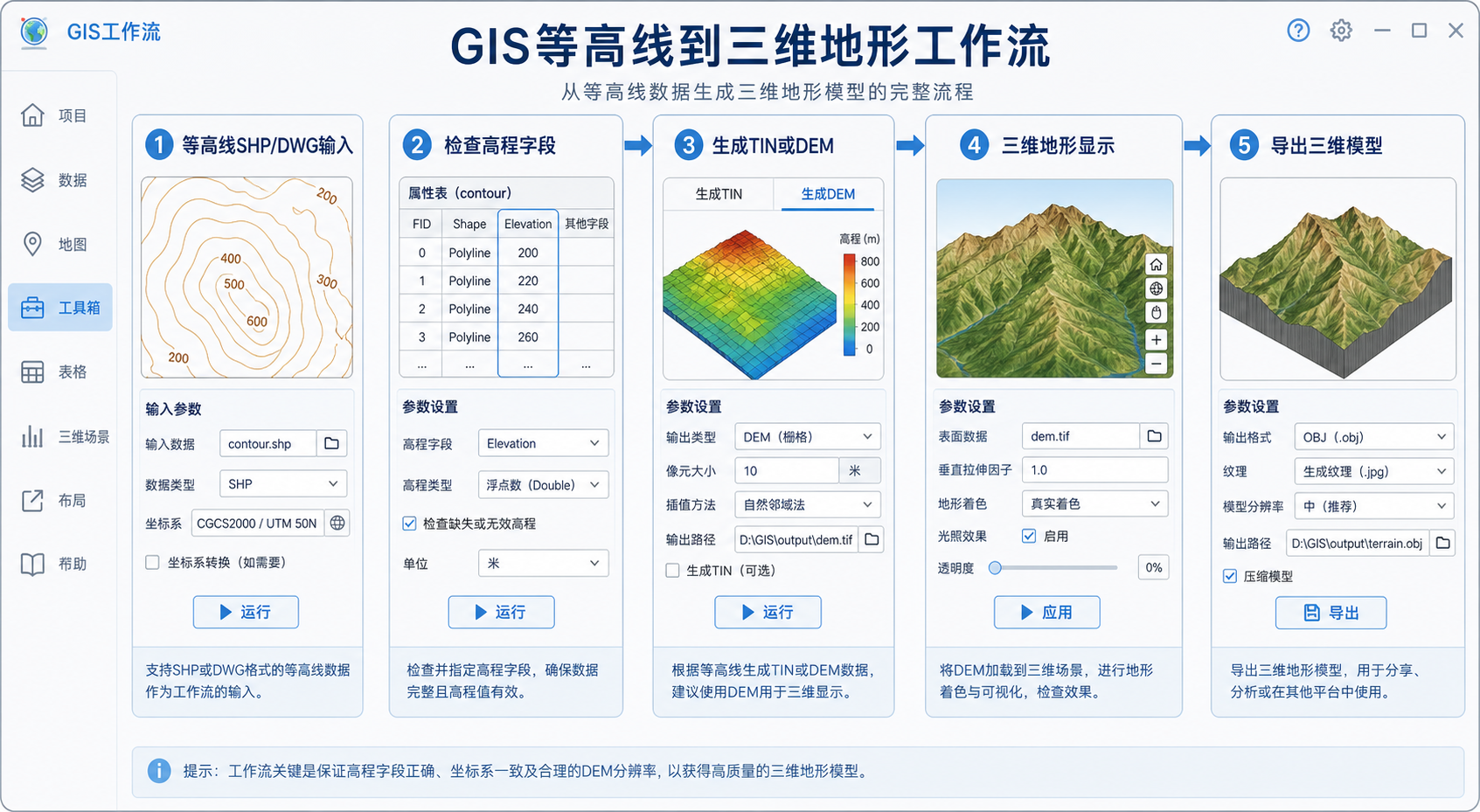 等高线转三维模型 GIS软件生成三维地形流程