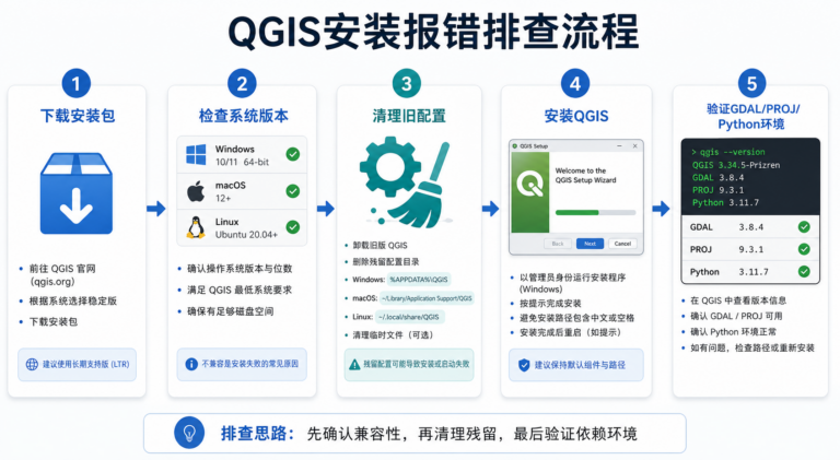QGIS安装报错与QGIS环境配置清单排查流程图