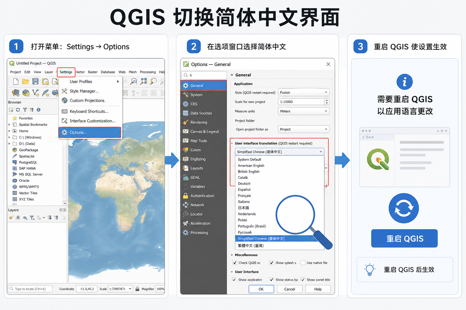QGIS设置中文和QGIS界面英文改中文三步教程