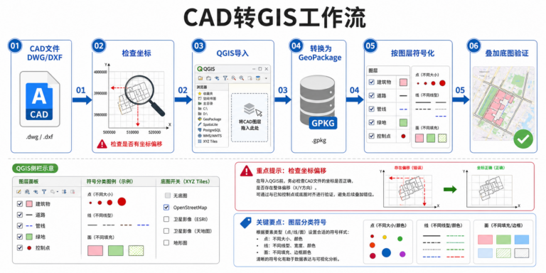 QGIS导入CAD与QGIS CAD坐标转换流程示意图
