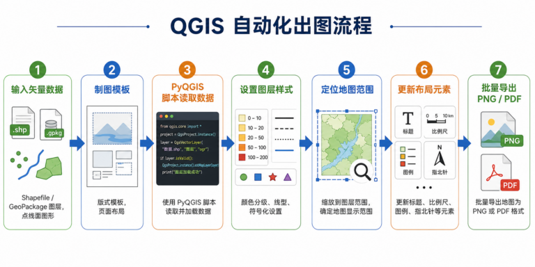 QGIS自动化出图与QGIS批量制图脚本流程示意图