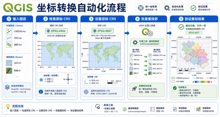 QGIS坐标转换与QGIS批量投影转换自动化流程示意图