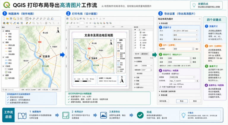 QGIS导出图片分辨率太低与QGIS地图合成器DPI设置示意图
